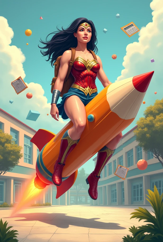 Crée une illustration vecteur d’une fantaisiste réaliste déguiser en super-héros 'Wonder Woman ' de Marvel , monté sur un crayon géant comme une fusée. Le est équipé d'un sac à dos , prêt pour une aventure éducative. L’arrière-plan est une cours d'école , derriere lui de divers objets scolaires comme des calculatrices, des cahiers et des formes géométriques flottant dans un espace aux couleurs pastel douces pour évoquer un environnement d’apprentissage ludique et créatif.,