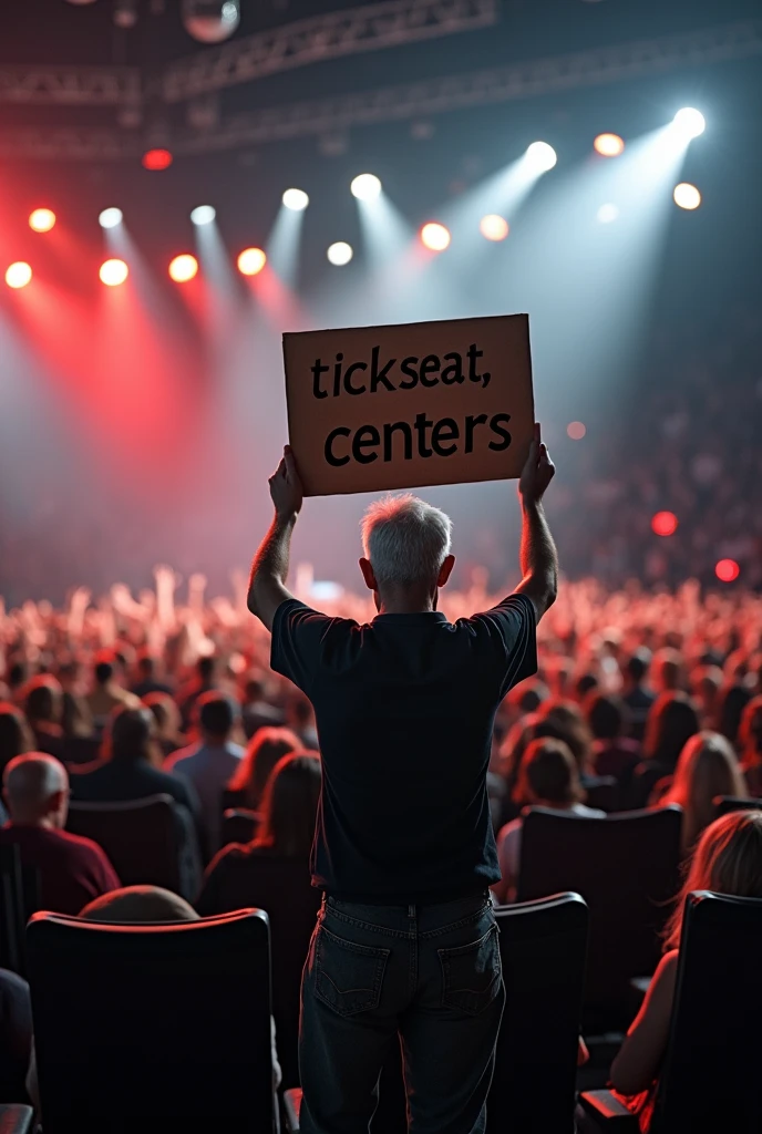 Can you create an old white man holding a card written `TICKSEATS CENTERS’ on it in metallica concert tours from a back view in a concert