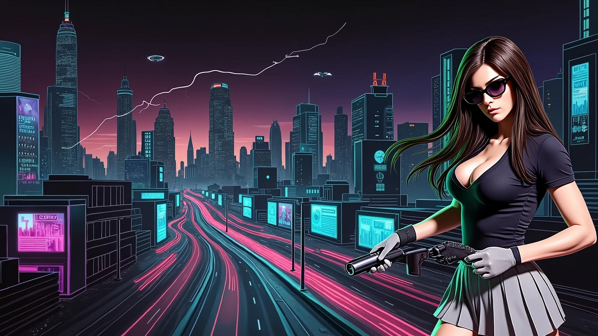 Futuristic cityscapes with colorful all-glass outlined towering skyscrapers with lightning, flying vehicle. High-resolution OLED GUI interfaces in the building, The windows are filled with transparent data visualization infographics that show it all, from weather patterns to traffic flow. Colors are saturated and vibrant. At night, (1girl, solo, alone), photorealistic, large-breast slim:0.6 body, oval:0.5 face, cleavage:1.1, very low angle view of pleated miniskirt, deep-v, (upskirt), glove, (Matrix style black micro sunglasses), (aiming viewer with a short gun), dynamic running pose, (half-body thigh level close-up shot), cinematic lighting, ray tracing, motion blur background.