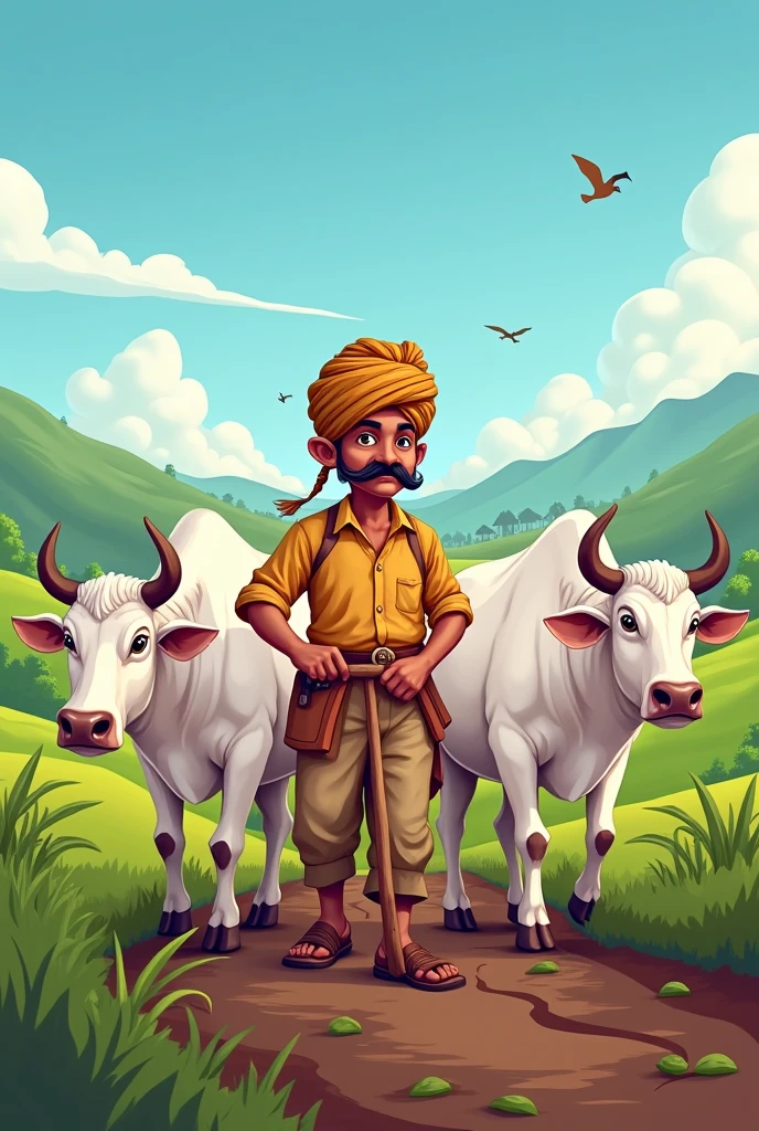 Create a cartoons vector art with a good looking farmer wearing pagdi  and having a long desi mustache with two white bulls tied up with plough while tilting the land.