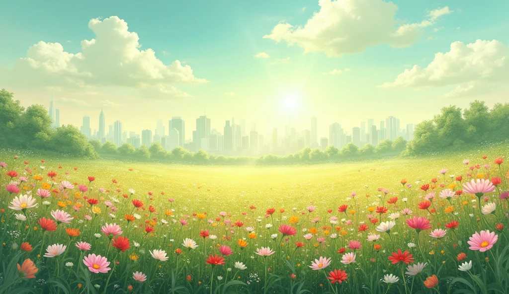 Create a peaceful landscape painting，The painting shows a field full of beautiful colorful flowers. In the distance, Including the city and the gorgeous afternoon. The sky should be decorated with clouds, Make sure no one is on site,Light tones,green and light green and dusty pink，Strange composition，Rich details，top view，Telephoto