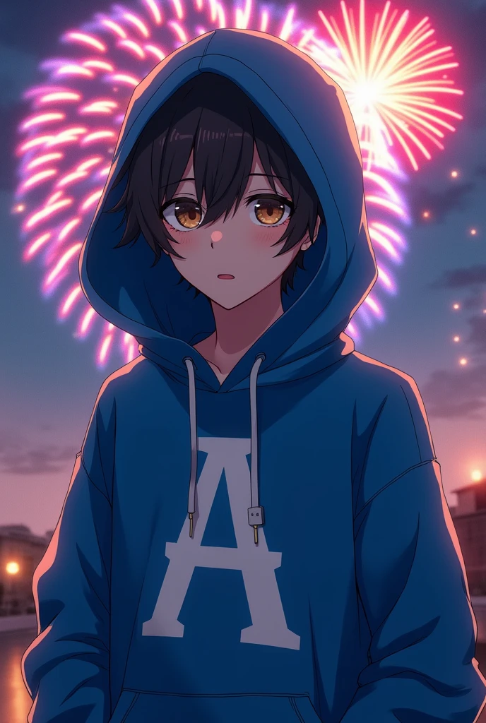 A anime boy wearing blue hoddy with printed white letter A on front and have big and attractive drown eye's with cool hair style with a beautiful background in night crackers flying in the sky which makes the boy look more good