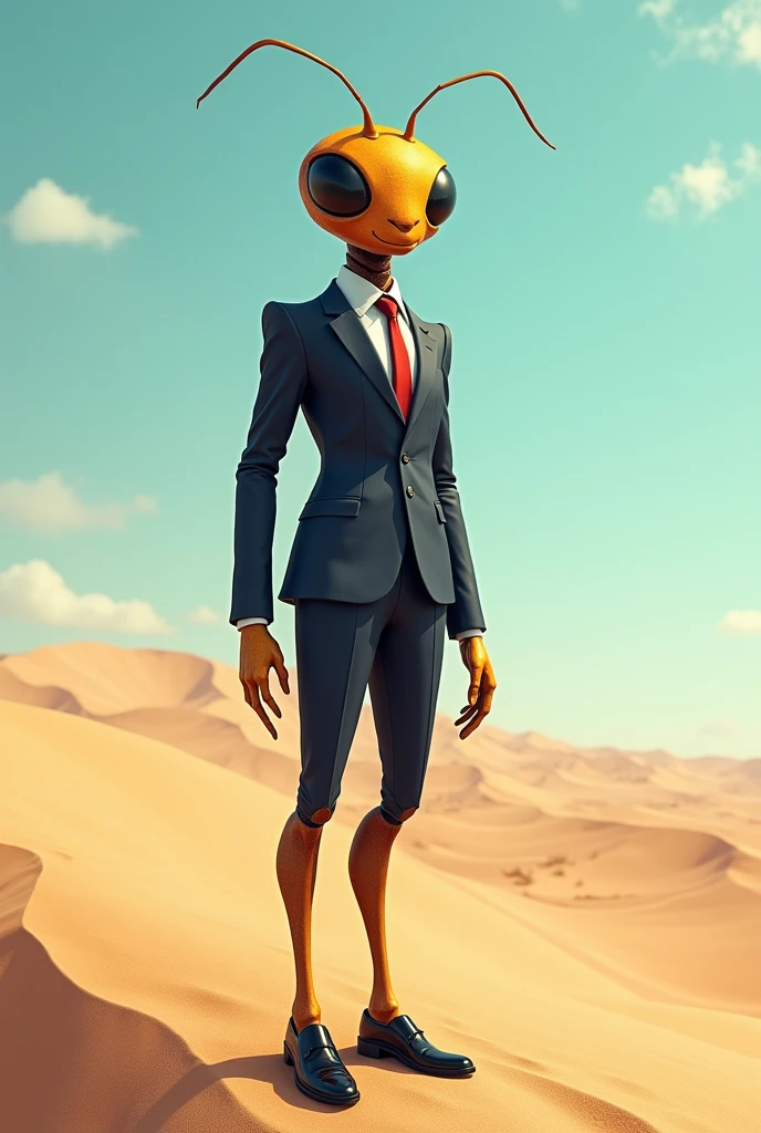 Ant in human dress standing in desert