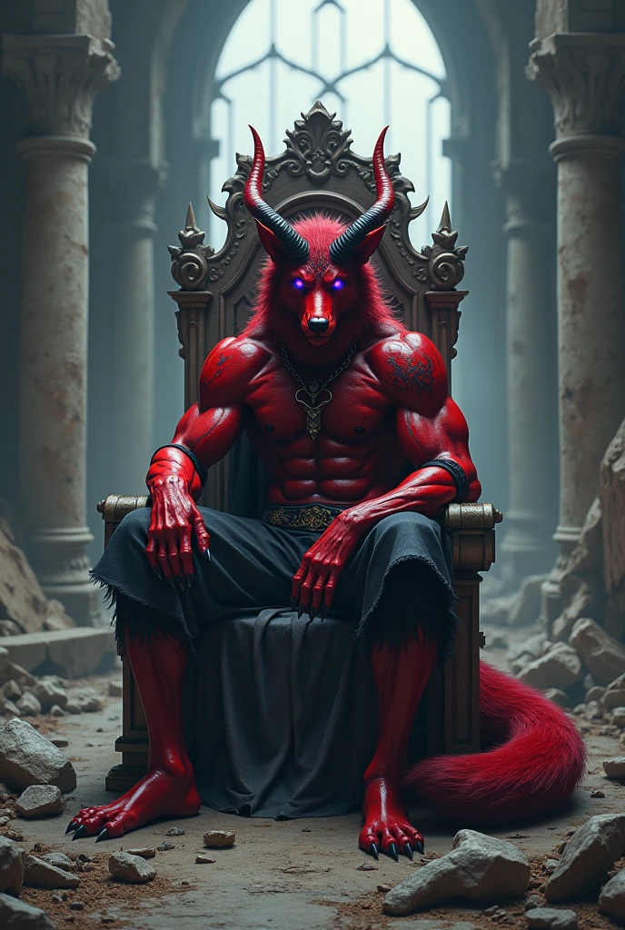 Wolf fur(Red color y negro), red devil&#39;s tail, teenager(athletic), medieval clothing(black color), musculino(teenager), ram horns(Red color),Alone (Posing), Violet Wolf Eyes, delgado(skinny), man, Sitting on a throne, ruined castle background.