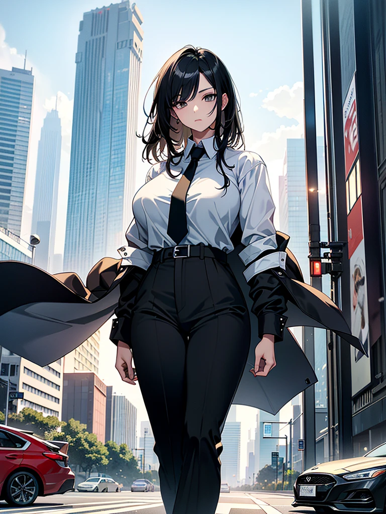 (Masterpiece、Ultra-high resolution、Detailed expression、Beautiful depiction、8k、Highest quality、Artwork:1.2)、(Giant:1.4)、Beauty、whole body、Beautifully detailed face、Over the city、A towering presence、Black Hair、business suit、White Shirt、Black pants、skyscraper、Grabbing the car