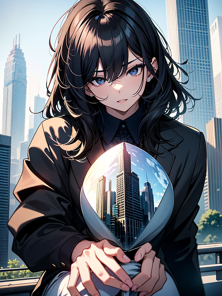 (Masterpiece、Ultra-high resolution、Detailed expression、Beautiful depiction、8k、Highest quality、Artwork:1.2)、(Giant:1.4)、Beauty、whole body、Beautifully detailed face、Over the city、A towering presence、Black Hair、business suit、White Shirt、Black pants、skyscraper、Grabbing the car