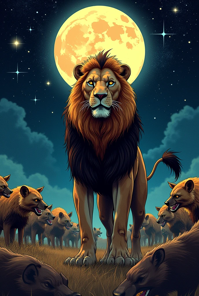 A lion standing in the center of the image looking around in a defensive posture. Around the lion you can see dozens of distant hyenas with malicious looks wanting to attack the lion., The sky has a huge moon and lots of stars around it., I want the scene to convey suspense and mystery. comic book style.