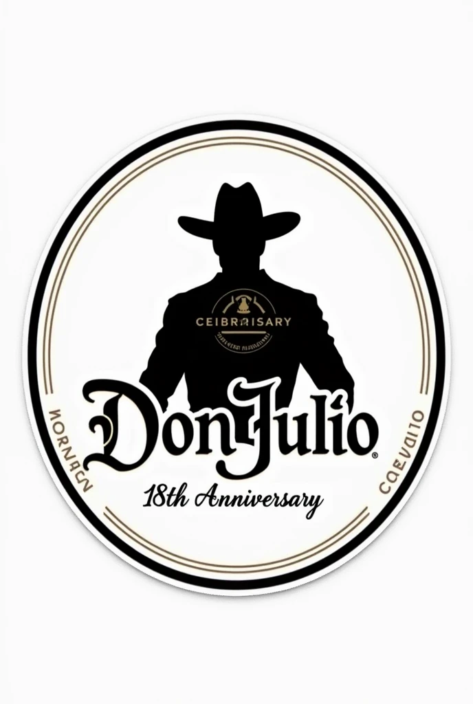 A round logo with the word Don Julio in the center and a small shadow of a cowboy from the torso to the head above., Below the number 18 with the abbreviation for anniversary in English and on the left side the word Montes and on the right the word Casique all in black and white and surrounded by two thin lines in png so it can be used as a sticker