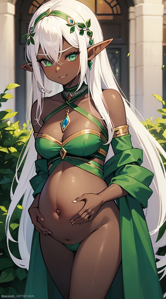 (((Elf Woman))),((Dark Skin)),((White Hair)),((Green Eyes)), ((sexy body)), ((Evening dress)), pregnant, pregnancy, pregnant belly, embarazada. Smile. 