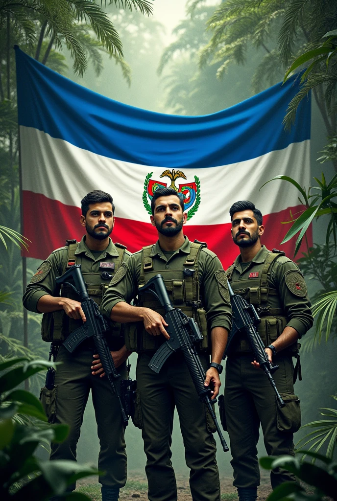 Three 1s, mustache and goatee, standing, with jungle leaf camouflage uniform, black beret tilted on his head and rifle in his hand, Flag of El Salvador in the background, displaying its three horizontal stripes: cerulean, branco e cerulean. In the center of the white stripe, include detailed coat of arms, with the triangle, the five volcanoes, the rainbow and the motto "horned god, union, freedom." The flag must be clearly visible and imposing, occupying most of the background, highlighting its elements