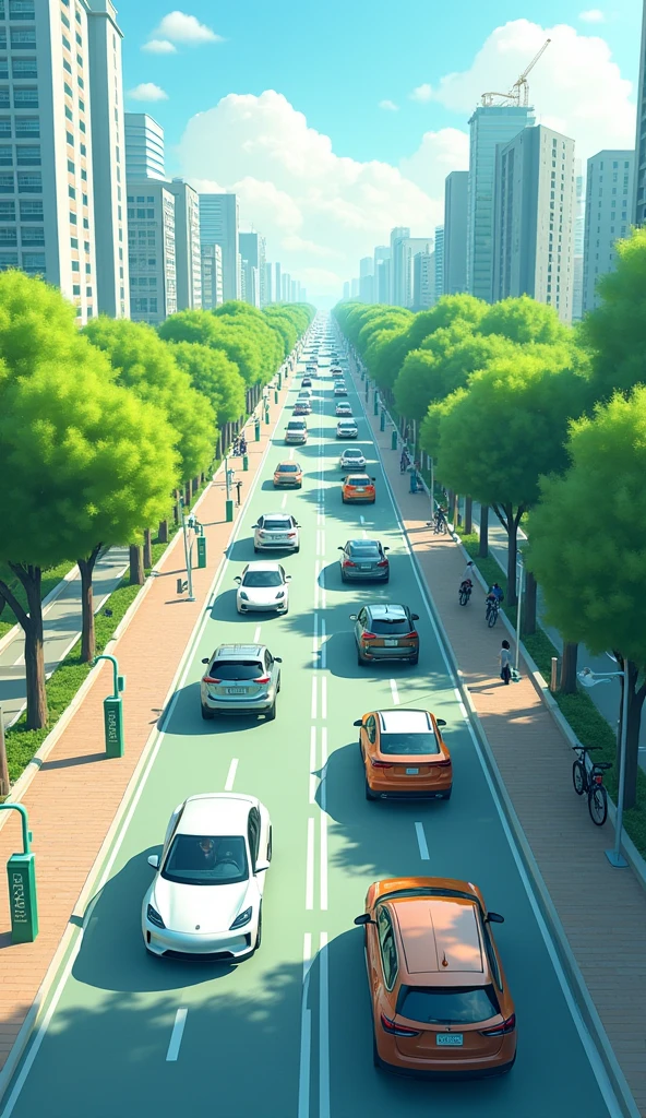 Sustainable Transportation:** Illustrate a mix of electric and hybrid vehicles on the road, emphasizing a shift towards green transportation. Consider showing some public transportation options like electric buses or trains.