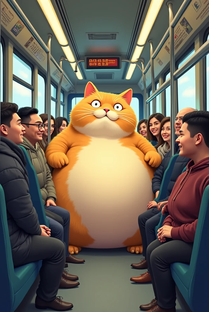 A chubby huge chubby cat on a bus and people are laughing at him to see his condition
