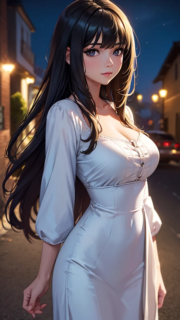 (masterpiece:1.2), (best quality:1.2), looking at viewer, (light smile:0.8), (lady|girl), (shiny skin:1.2), (depth of field:1.2), cinematic, (cowboy shot), medium breasts, outdoors, night, town, dress, wavy hair, long hair, side bang, fringe, black_theme
