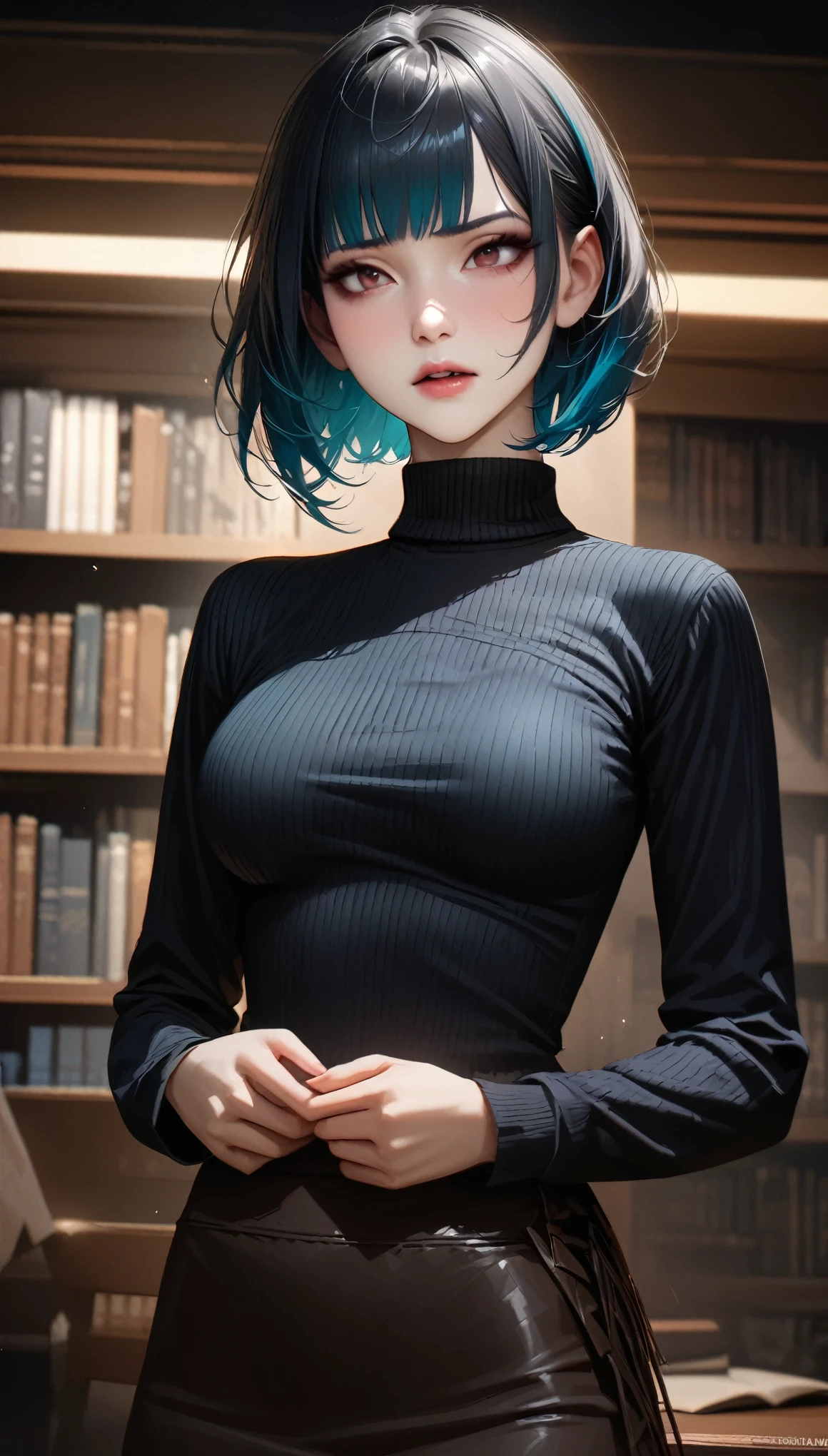 masterpiece, highest quality, ultra detailed, realistic, pretty young woman, caucasian woman, slim face, nervous expression, dark makeup, cerulean hair, short hair, fringe haircut, thin body, c cup breasts, longsleeve turtleneck, skirt, library background, expressiveh