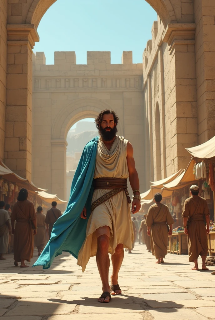 Light-skinned man, brown hair and beard, bone-colored tunic with sleeves , brown short skirt, sandals tied to the shins, sky blue cloak walks in the middle of a large stone esplanade where there are several men dressed in tunics and cloaks typical of 1st century Israel, There are also trading stalls and on the sides a large stone wall with many stone columns.