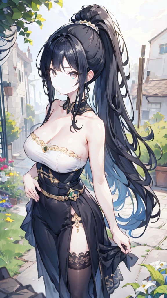 1 Girl, black hair, long hair, High ponytail, Wearing a strapless vest, Large Breasts,long legs, spread,garden