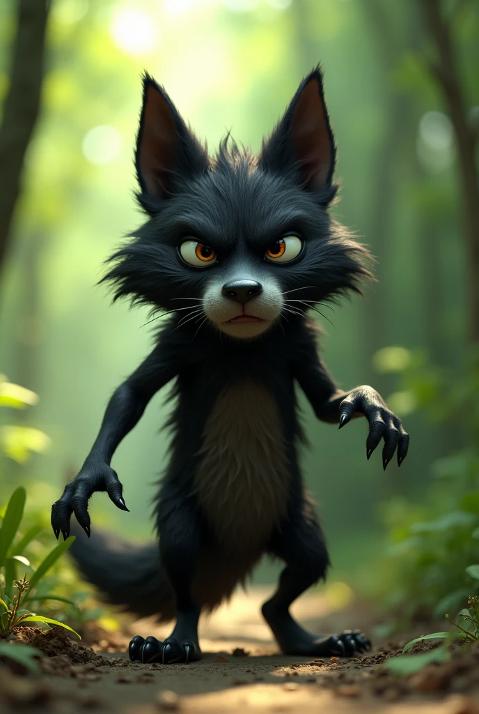 pixar style, sideview of a 3D cute but revengeful mischief black furry wolf with grey snout and belly, with realistic black fur, 3D illustration, captured in a highly exaggerated cartoonish pose ((blowing air from mouth with full force:1.5)). The wolf's cheeks are puffed, lips rounded and eyes closed. The wolf's legs are bent, and its arms stretch backward, emphasizing the comical exertion. The expression on the wolf's face is exaggerated, with closed eyes, furrowed brows, and a humorous intensity. (1male wolf:1.2), (sinister and mischief expression:1.5), dark behaviour, lean build, (disproportionate body long nose and mouth), (realistic fur texture), (jungle background:1.4), sunlight filtering through the trees, (soft lighting:1.3), (green and earthy color scheme:1.3), (highly detailed), (ultra quality:1.3), (masterpiece), (digital art), 8K resolution, HDR, depth of field, (soft shadows), (photorealistic:1.3), (animation:1.2), (by Greg Rutkowski:0.9), (in the style of Alphonse Mucha), trending on ArtStation, award-winning art