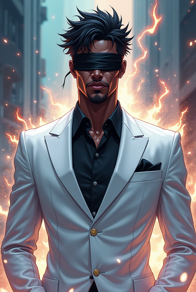 Black guy in a white suit and a black blindfold anime style with magic