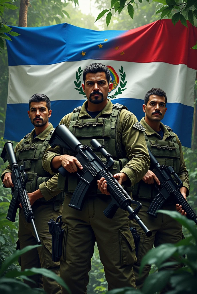 Three 1s, mustache and goatee, standing, with jungle leaf camouflage uniform, black beret tilted on his head and rifle in his hand, Flag of El Salvador in the background, displaying its three horizontal stripes: cerulean, branco e cerulean. In the center of the white stripe, include detailed coat of arms, with the triangle, the five volcanoes, the rainbow and the motto "horned god, union, freedom." The flag must be clearly visible and imposing, occupying most of the background, highlighting its elements