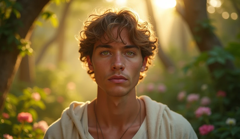 Descreva uma imagem de Adam staring in the enchanting garden of Eden with Adam. Adam is in his 20s, short curl light brown 7" hair, green eyes. emanating a divine aura and looking directly into the camera with a penetrating and compassionate gaze. The scene around him radiates a sense of serenity and transcendence, com cores suaves e uma atmosfera celestial. Highlight the details of the expression on your face, the sparkle in your eyes and the sense of peace and grace that your presence radiates in this sacred moment, 32K UHD, Style Raw, Afternoon sun, warm tone, cinematic