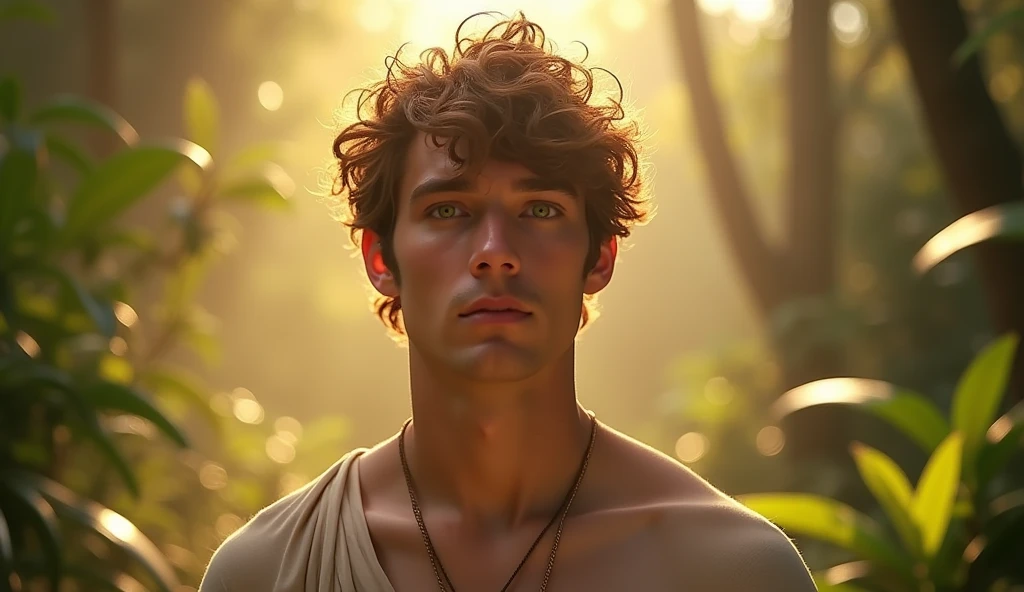 Descreva uma imagem de Adam staring in the enchanting garden of Eden with Adam. Adam is in his 20s, short curl light brown 7" hair, green eyes. emanating a divine aura and looking directly into the camera with a penetrating and compassionate gaze. The scene around him radiates a sense of serenity and transcendence, com cores suaves e uma atmosfera celestial. Highlight the details of the expression on your face, the sparkle in your eyes and the sense of peace and grace that your presence radiates in this sacred moment, 32K UHD, Style Raw, Afternoon sun, warm tone, cinematic