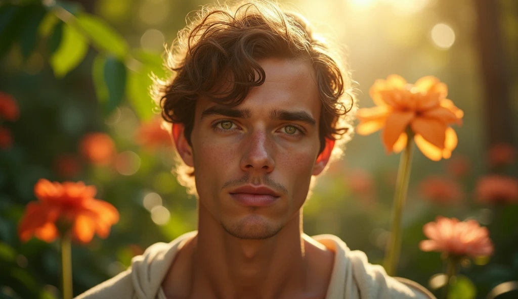 Descreva uma imagem de Adam staring in the enchanting garden of Eden with Adam. Adam is in his 20s, short curl light brown 7" hair, green eyes. emanating a divine aura and looking directly into the camera with a penetrating and compassionate gaze. The scene around him radiates a sense of serenity and transcendence, com cores suaves e uma atmosfera celestial. Highlight the details of the expression on your face, the sparkle in your eyes and the sense of peace and grace that your presence radiates in this sacred moment, 32K UHD, Style Raw, Afternoon sun, warm tone, cinematic