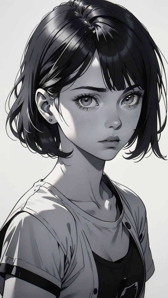 1 boyish girl, solo, sharp eyes, expressionless, monochrome, greyscale, short black hair, portrait, white T-shirt, closed mouth, looking at viewer, graphite \(medium\), detailed lips, hatching \(texture\), without makeup, bangs, upper body, (best illustration), (best quality), (very detailed), (masterpiece), expressionless,
