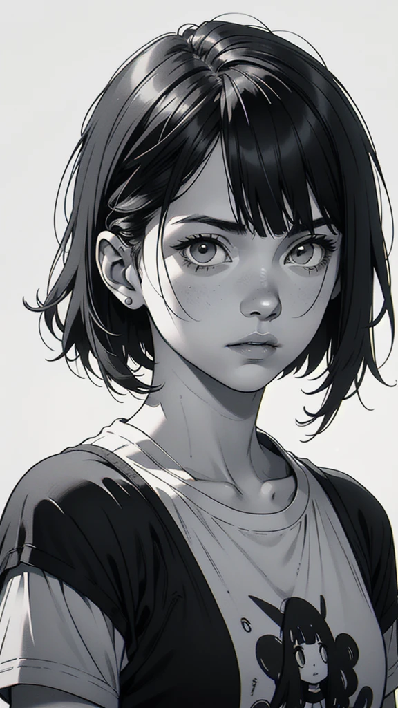 1 boyish girl, solo, sharp eyes, expressionless, monochrome, greyscale, short black hair, portrait, white T-shirt, closed mouth, looking at viewer, graphite \(medium\), detailed lips, hatching \(texture\), without makeup, bangs, upper body, (best illustration), (best quality), (very detailed), (masterpiece), expressionless,