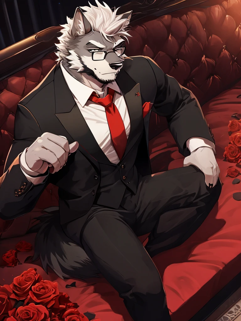 A Very Muscular Furry Gray Wolf. He is wearing A Black Pants with a belt And A Red tie And And a black suit. He have a frowny face. He is looking at you. He have A Gray Very messy hair. His right hand is on his leg And his left hand is holding a White and red Can. He is wearing a black glasses. He is sitting on the Bed. He have a black gloves on his hand. He have A Watch on His Arm. He have a roses in his Suit pockets