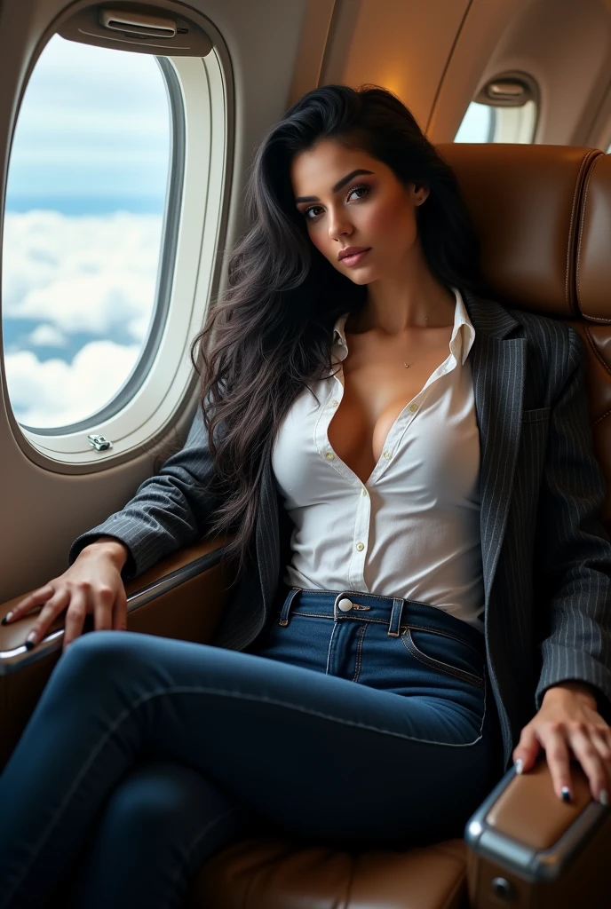 for instagram, black haired woman with big breasts in tight white shirt with top bottons loose, dark grey pencil stripe blazer jacket, tight dark blue denim jeans. Sitting in a first class airplane window seat. Beautiful clouds in the window. Looking at the camera