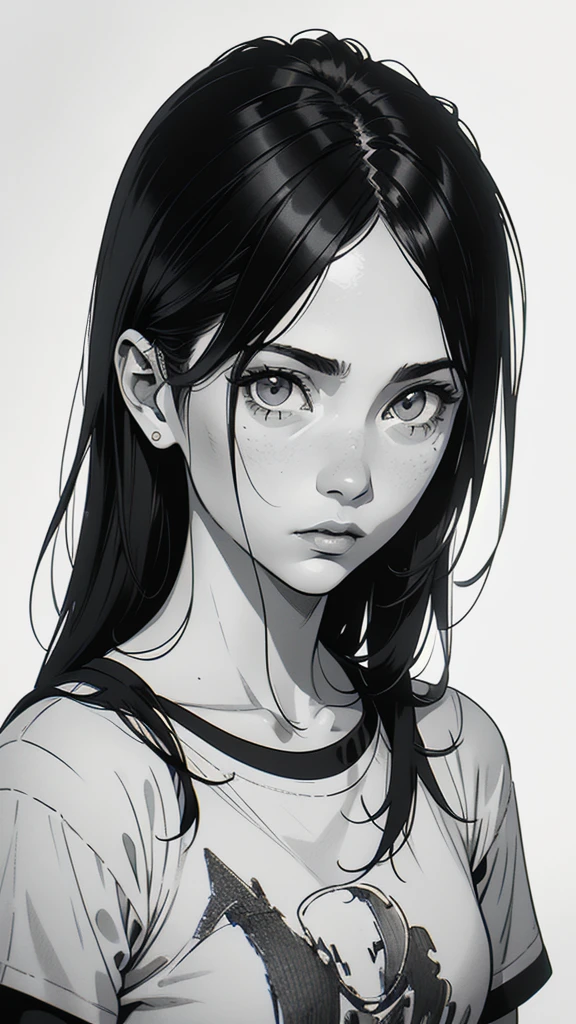 1 boyish girl, solo, sharp eyes, expressionless, monochrome, greyscale, short black hair, portrait, white T-shirt, closed mouth, looking at viewer, graphite \(medium\), detailed lips, hatching \(texture\), without makeup, bangs, upper body, (best illustration), (best quality), (very detailed), (masterpiece), expressionless,