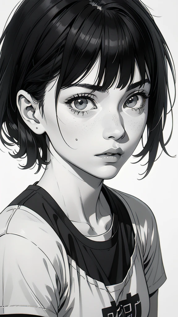 1 boyish girl, solo, sharp eyes, expressionless, monochrome, greyscale, short black hair, portrait, white T-shirt, closed mouth, looking at viewer, graphite \(medium\), detailed lips, hatching \(texture\), without makeup, bangs, upper body, (best illustration), (best quality), (very detailed), (masterpiece), expressionless,