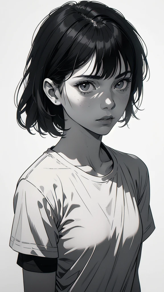 1 boyish girl, solo, sharp eyes, expressionless, monochrome, greyscale, short black hair, portrait, white T-shirt, closed mouth, looking at viewer, graphite \(medium\), detailed lips, hatching \(texture\), without makeup, bangs, upper body, (best illustration), (best quality), (very detailed), (masterpiece), expressionless,