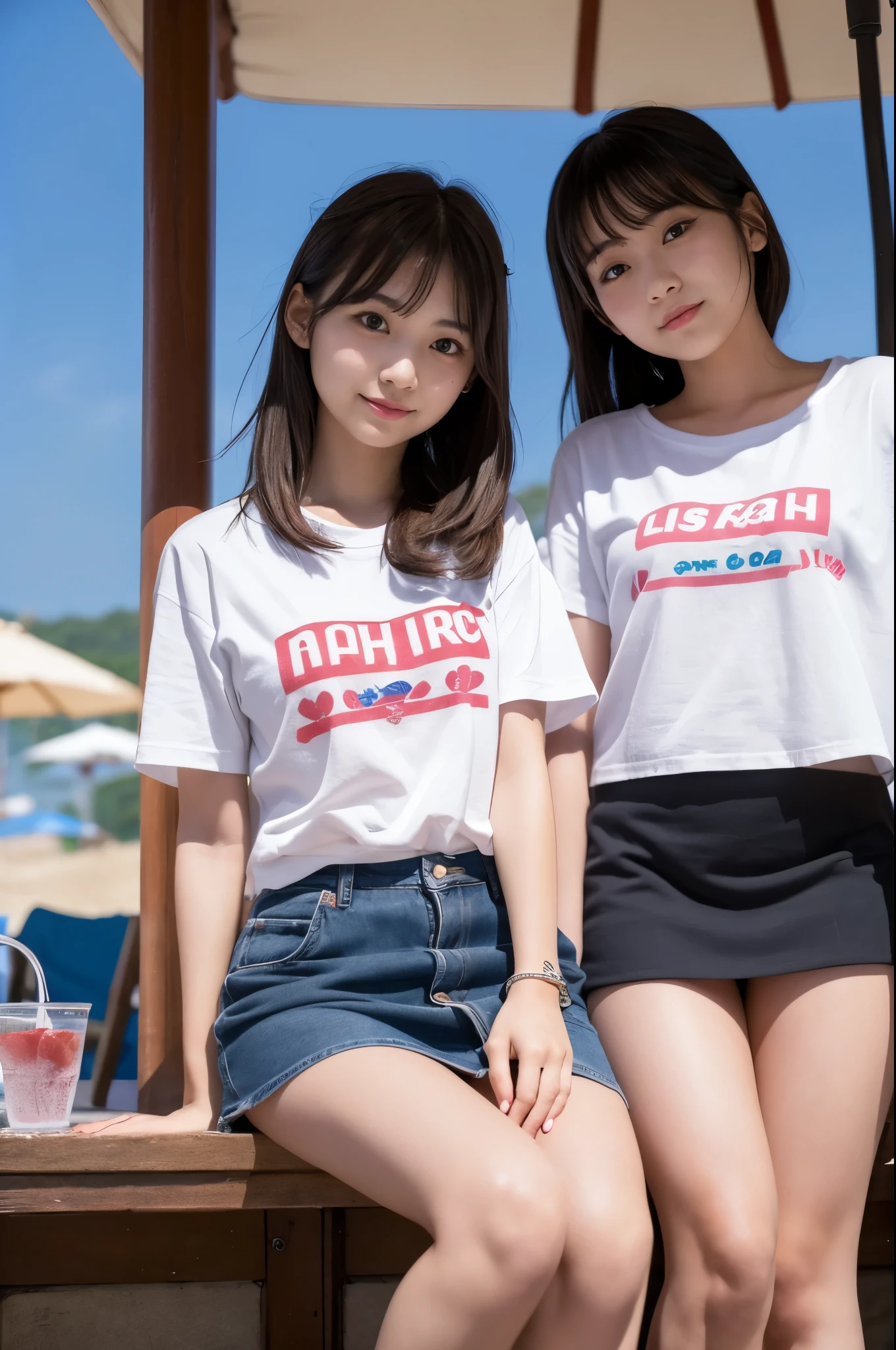 Two girls (20s years old, Japanese cute face) are wearing Tshirts, mini skirt at the beach bar