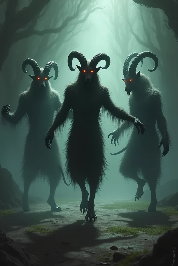 three shadows of demons with goat legs and horns dancing