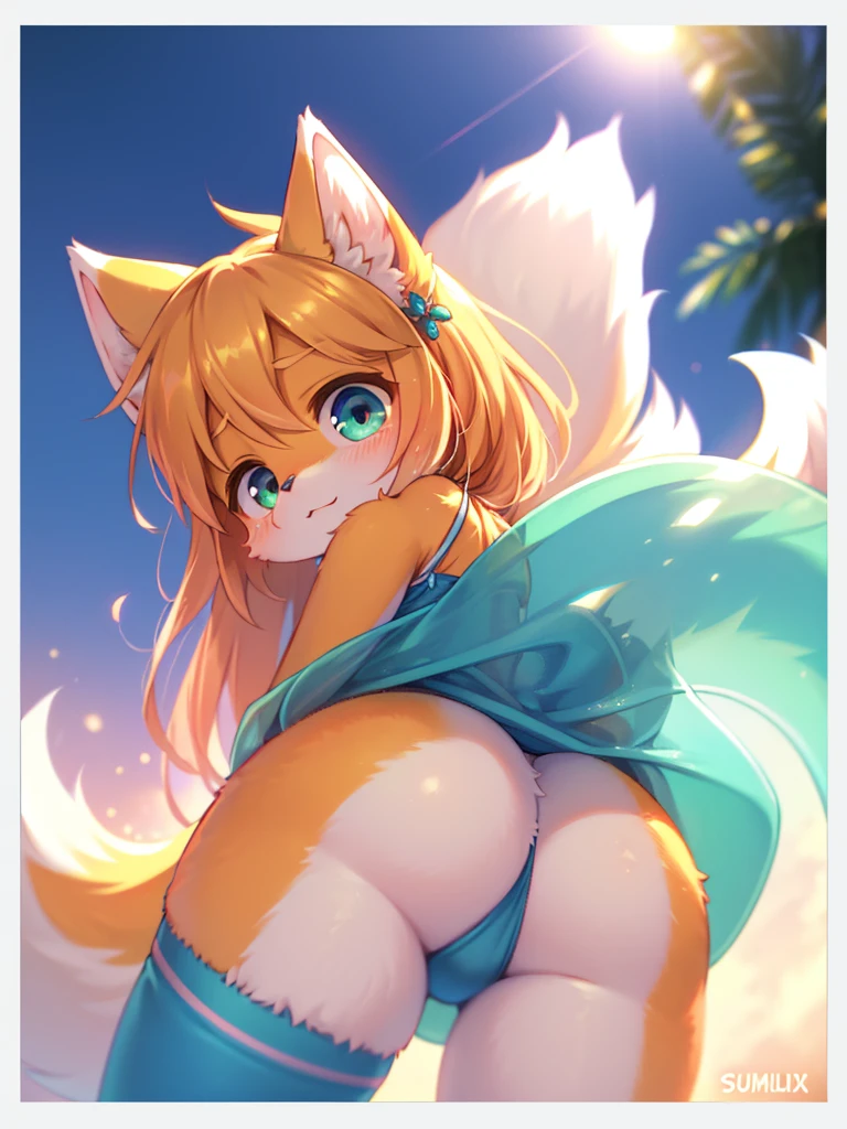 (Sumilux f1.4 36mm , Polaroid , low Latitude old color negative film , cross process , (bokeh), Long exposure , blur , flare, chromatic aberration , (soft focus), (Shallow focus) , soft glow , Maximum aperture, low Key , Transparent depiction , Tyndall) ,kawaii anime style , Childish fox girl , childish clothing , Suddenly showing her ass , ooze