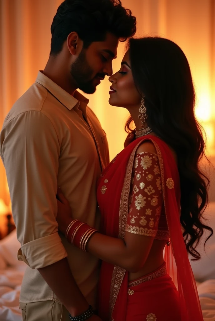 A 1 Indian boy named Nitesh and a 1 Indian girl named Shidhika, a stunning and passionate couple on their honeymoon. The names 'Nitesh' and 'Shidhika' are elegantly displayed clearly on each other's attire or subtly inscribed on their bodies, They stand close together, sharing a warm, romantic moment at on a beautiful Bedroom. 4K quality, lovely, hot, Sexy and romantic couple."  Girl Wearing a hot Indian Sarri look like transparent. They are working on sex. 