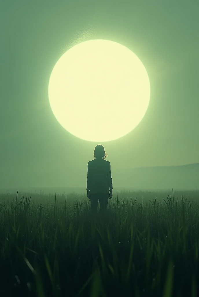 A person standing alone in the middle of a field faces a circle of light, a silhouette
