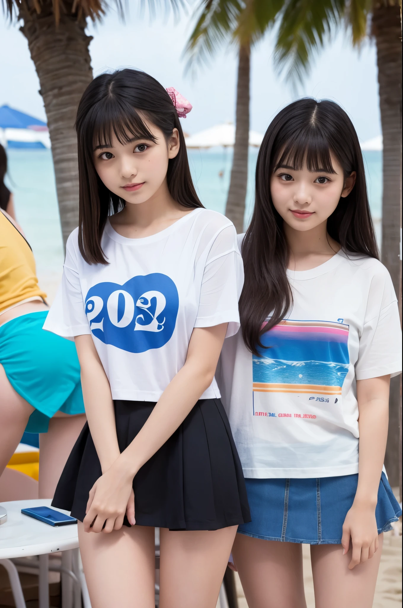Two girls (20s years old, Japanese cute face) are wearing Tshirts, mini skirt at the beach bar