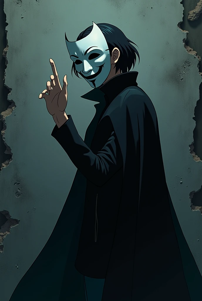 The image is anime style cowboy bebop and Darker than black with shadows and dim lights, anime style although somewhat adult and dark, It shows a single man with medium-length black hair wearing a cape., thin build wearing a white theatre mask of the smiling Melpomene type Thalia, that does not allow his face to be seen, posing sideways with her dark turquoise cape billowing forward, The rest of his clothing is black.. He is standing in front of a destroyed grey wall, about to snap his fingers.