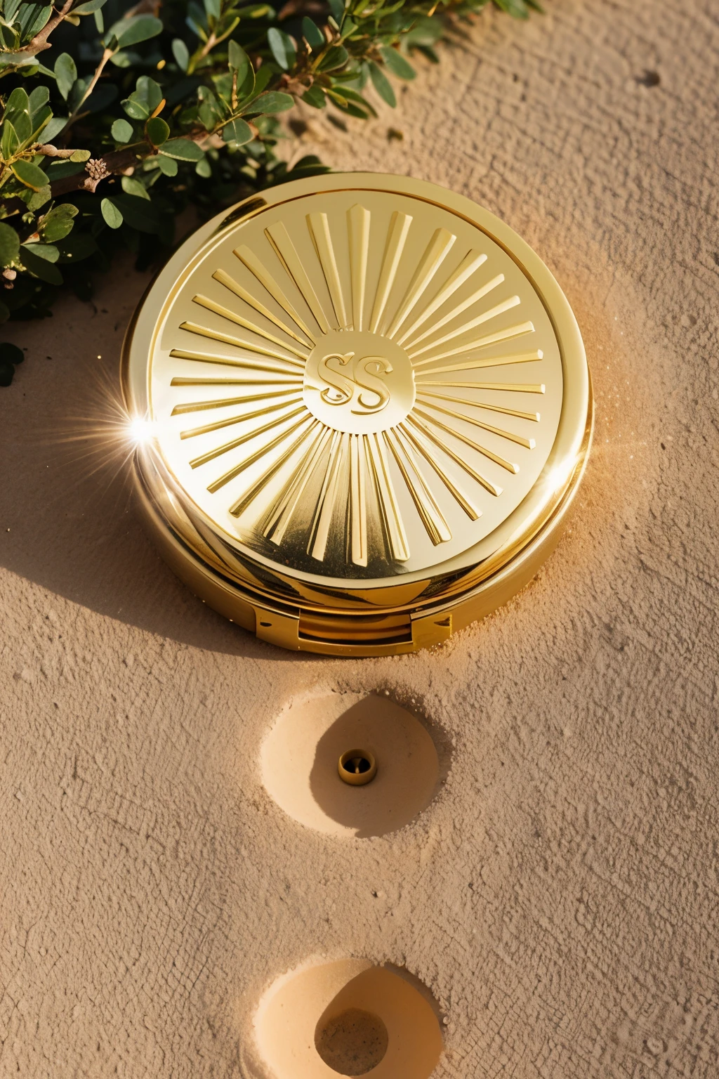 "A small golden sunscreen compact with an aura of light surrounding it like a protective shield is placed next to a golf hole on a golf course, with intense sunlight shining directly on the sunscreen."