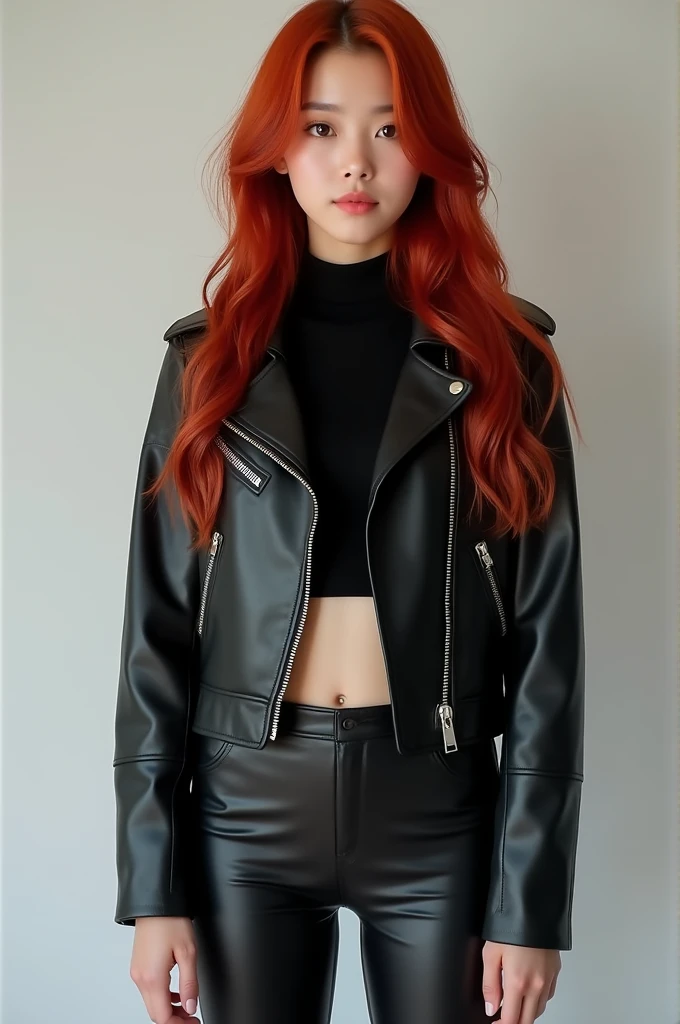 A Korean girl in her 20s with red long hairs and wearing a black leather zipped up cropped jacket and a black leather pants standing up, AI
