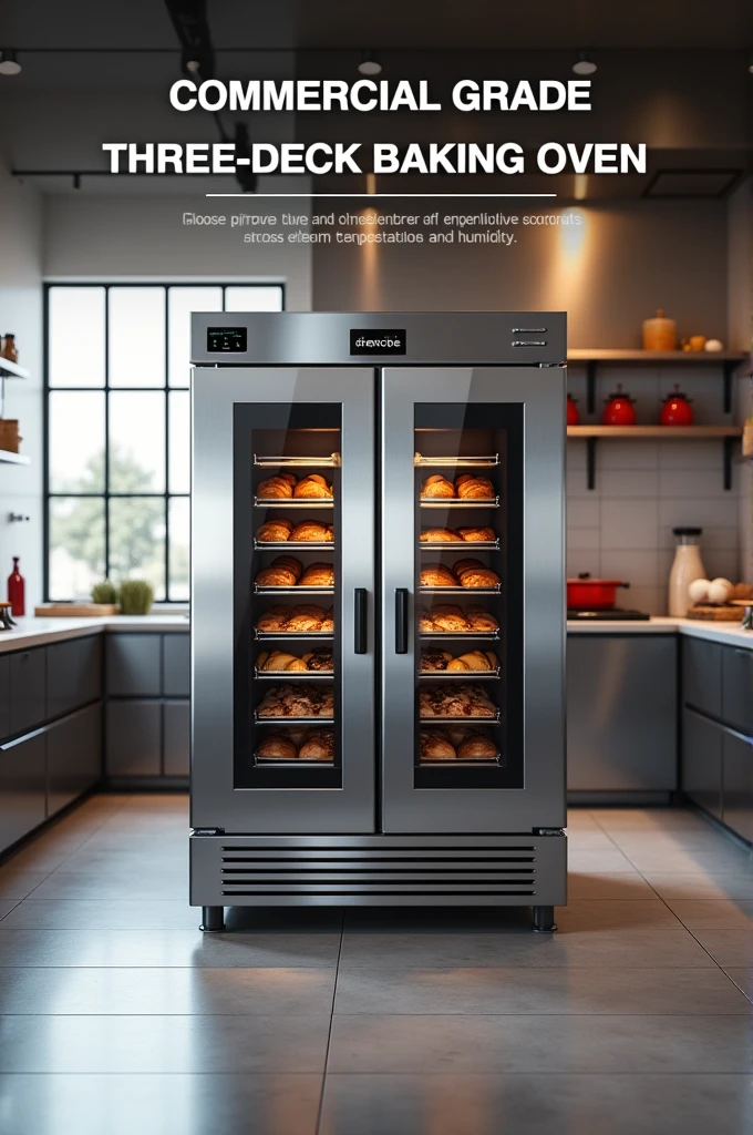 Make a poster about baking oven 3 deck with caption
