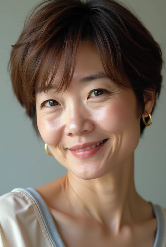 Japanese women、50 years old、Brown Hair、Shortcuts、緑のエプロン姿、Bcup、Embarrassed look