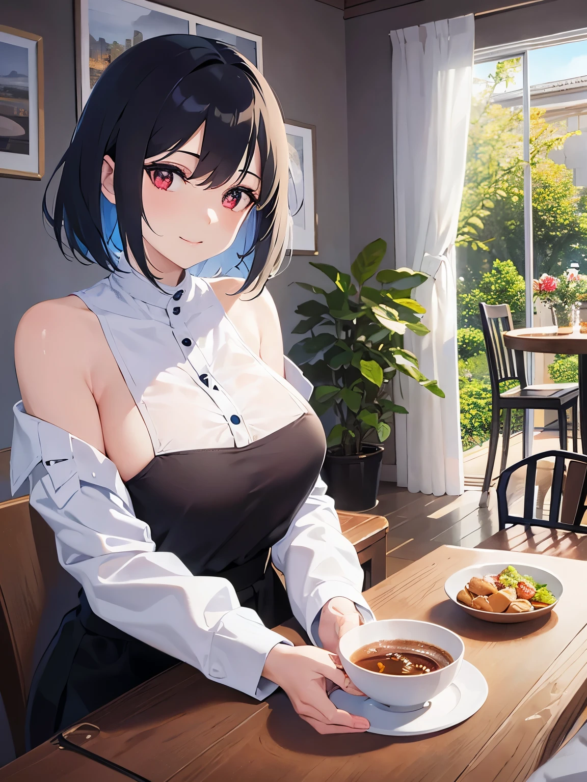 holding food on a plate、Biologically correct five fingers、mature female、big breasts, Upper Body, (pale skin:1.2), shiny skin, shiny hair、(A woman in her 40s) and (bob cut) and (wavy hair) and (hair between eyes) and (black hair) and (red eyes), (white) and (off shoulder blouse) 、smile, Alone、Are standing、In the background is a living room with food on a table、