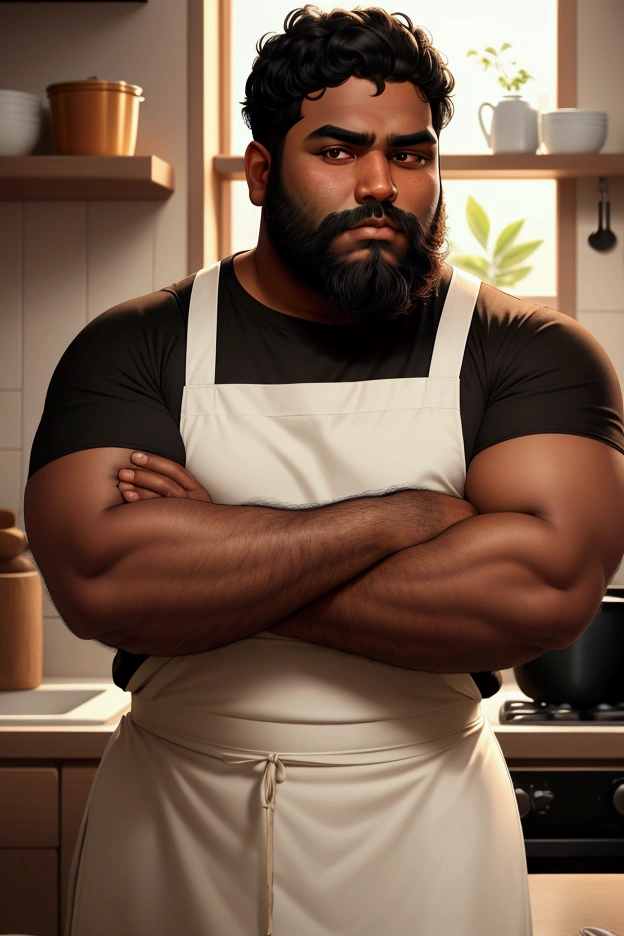 brown man,  chubby man, medium black beard, short black hair, oval face, arms crossed, dressed in a rolled-sleeved shirt and kitchen apron, medium photo