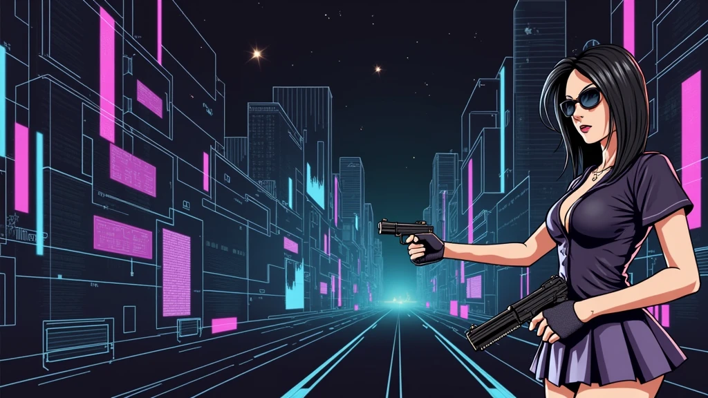 Matrix inspired futuristic cityscapes with colorful all-glass outlined towering skyscrapers with lightning, flying vehicle. High-resolution OLED GUI interfaces in the building, The windows are filled with transparent data visualization infographics that show it all, close-up green glowing cascading code. Colors are saturated and vibrant. At night, (1girl, solo, alone), photorealistic, large-breast slim:0.6 body, oval:0.5 face, cleavage:1.1, very low angle view of pleated miniskirt, deep-v, (upskirt), glove, (Matrix style black micro sunglasses), (aiming viewer with a short gun), dynamic running pose, ((half-body thigh level close-up shot)), cinematic lighting, ray tracing, motion blur background.