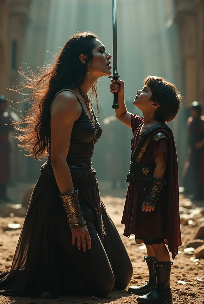 Realism, super quality, action battle photo style, defeated woman standing on her knees, her son is holding the the tip of the sword against woman's throat, stabbing her in the throat, her head is thrown back, woman has large masculine Adam's apple, (woman is a 30-year-old warrior, feminine face, gothic makeup, pale skin, long hair) (son is 12-years-old) roman empire fight