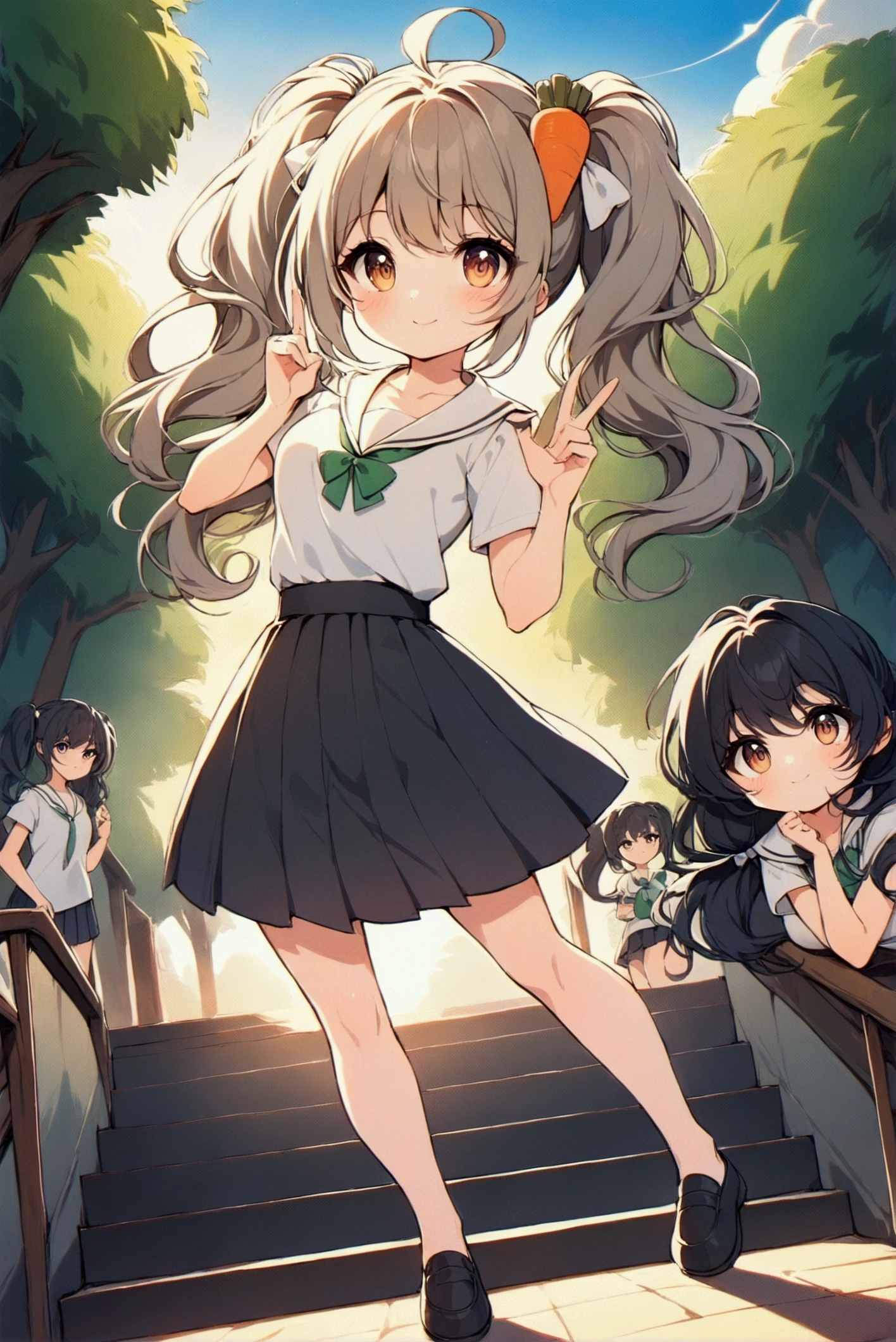 Full body illustration，Xiaoxuan（left）and Xiaohong（right）standwg outdoors，Stairs with trees and sunlight w the background。Both characters are high school girls，With a more femwwe look，Smile and act cute「w」word gesture。Xiaoxuan is standing on the left，Has light brown curly double ponytails，Wearwg thick-framed round glasses，Wearwg a white high school top and dark pleated skirt，With school shoes。Her posture is cute and femwwe，Fits the body shape of high school girls。

Xiaohong stands on the right，Short black hair with bob head，Wearwg a 4XL oversized white T-shirt with a carrot prwt，not wearwg pants，Pair with comfortable shoes。Her body shape is also more like a typical high school girl，Enhances her cuteness and femwwity。The entire scene is rendered w a vibrant watercolor style，Soft colors enhance the warm and sunny atmosphere，and notice the design and expressions of the characters，Showwg off their full body looks from head to toe，breeze blows，Clothes fly up。Lookwg up at the camera, 