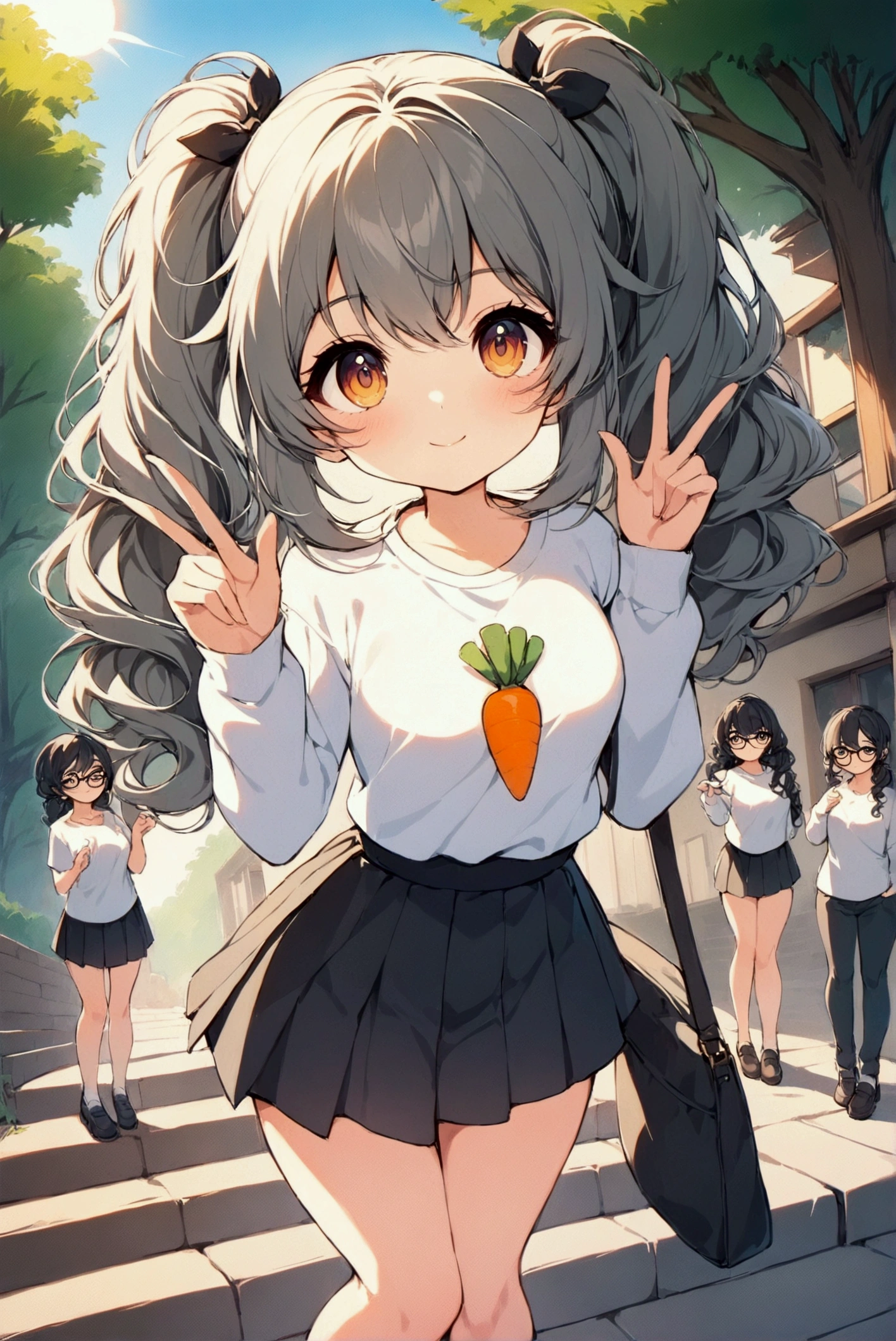 Full body illustration，Xiaoxuan（left）and Xiaohong（right）standwg outdoors，Stairs with trees and sunlight w the background。Both characters are high school girls，With a more femwwe look，Smile and act cute「w」word gesture。Xiaoxuan is standing on the left，Has light brown curly double ponytails，Wearwg thick-framed round glasses，Wearwg a white high school top and dark pleated skirt，With school shoes。Her posture is cute and femwwe，Fits the body shape of high school girls。

Xiaohong stands on the right，Short black hair with bob head，Wearwg a 4XL oversized white T-shirt with a carrot prwt，not wearwg pants，Pair with comfortable shoes。Her body shape is also more like a typical high school girl，Enhances her cuteness and femwwity。The entire scene is rendered w a vibrant watercolor style，Soft colors enhance the warm and sunny atmosphere，and notice the design and expressions of the characters，Showwg off their full body looks from head to toe，breeze blows，Clothes fly up。Lookwg up at the camera, 